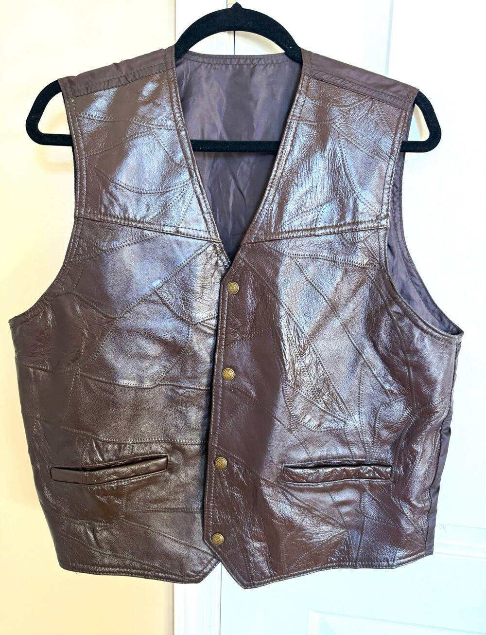 Men's Brown Genuine Leather Button Front V-Neck Vest w/ Pockets Solid Short